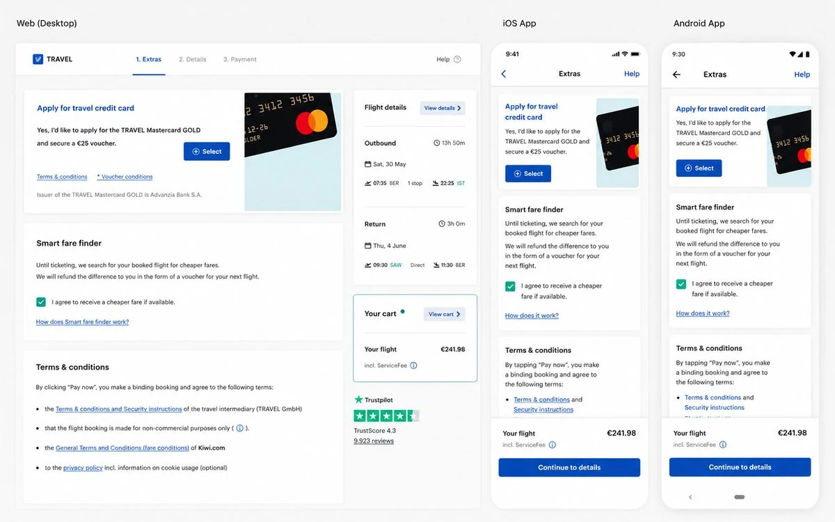 Flight booking screens for web, iOS and Android