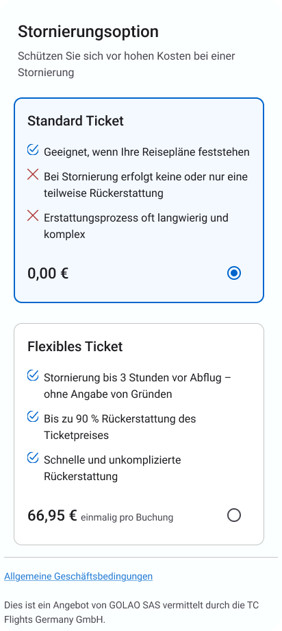 Android: both tickets as stacked cards with radio buttons, Standard selected