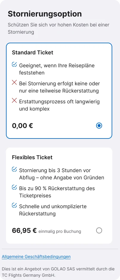 iOS: both tickets as stacked cards with radio buttons, Standard selected